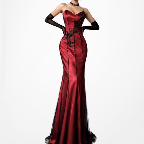 American Vintage Dresses & Skirts - Vintage Y2K Burgundy Red Floral Beaded Embroidered Mesh Bodycon Maxi Prom Dress